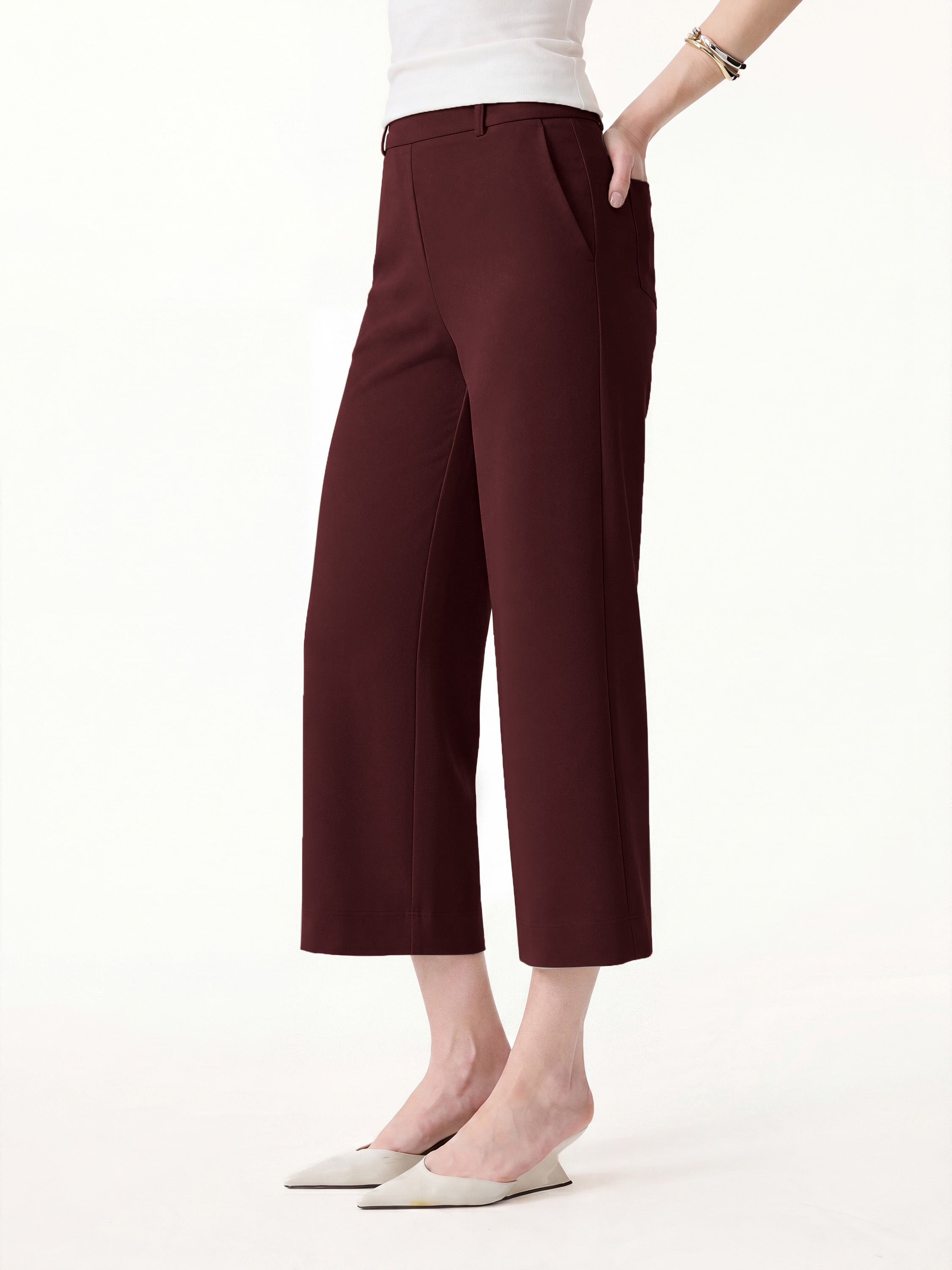 Not-See-Thru Mid Rise Cropped Wide Leg Pants with Pockets