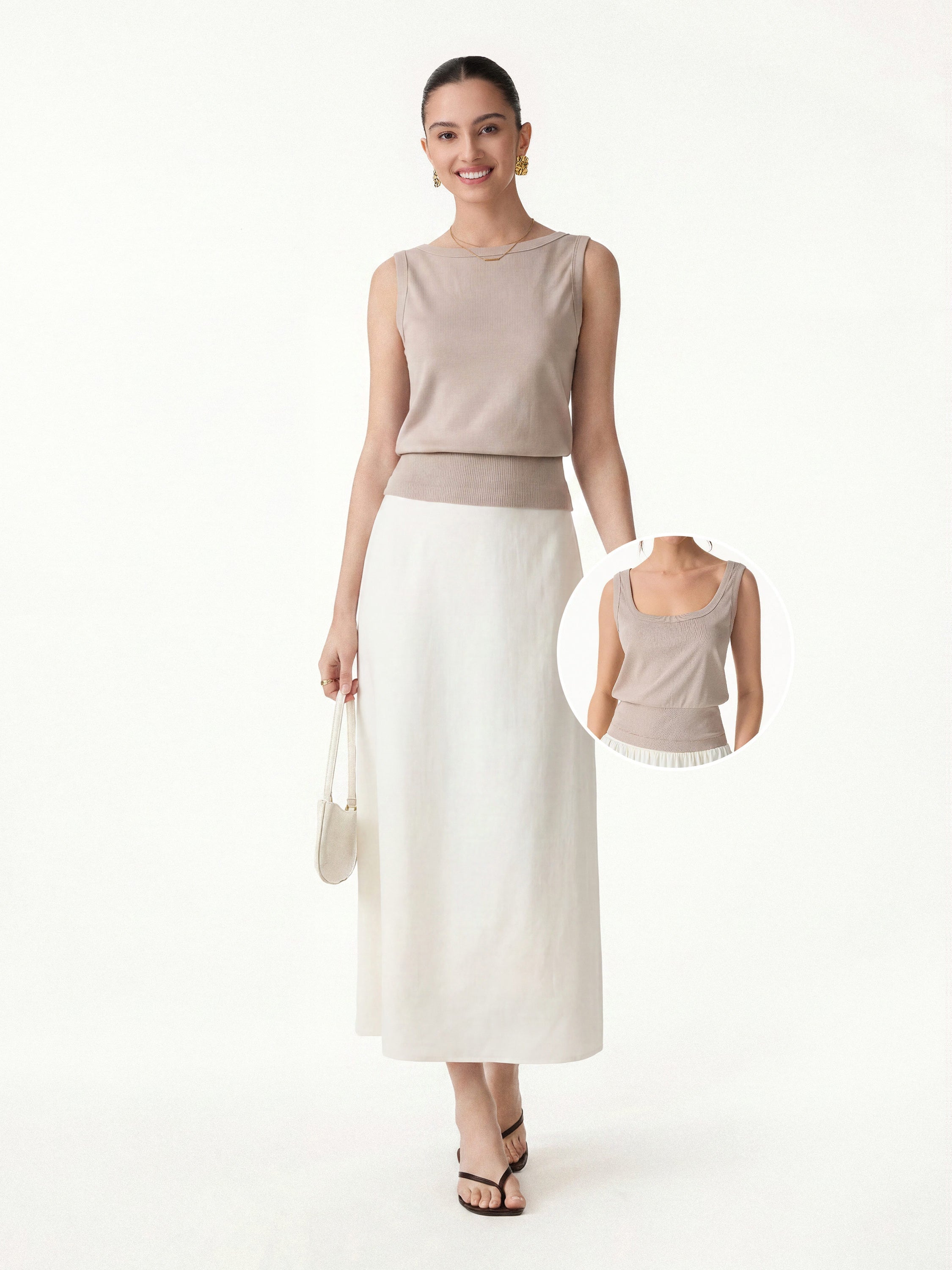 2Pcs Set Reversible Boatneck Top & Maxi Flared Pull-On Skirt
