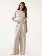 2Pcs Set Boatneck Batwing Sleeve Top & Wide Leg Palazzo Pant with Pockets