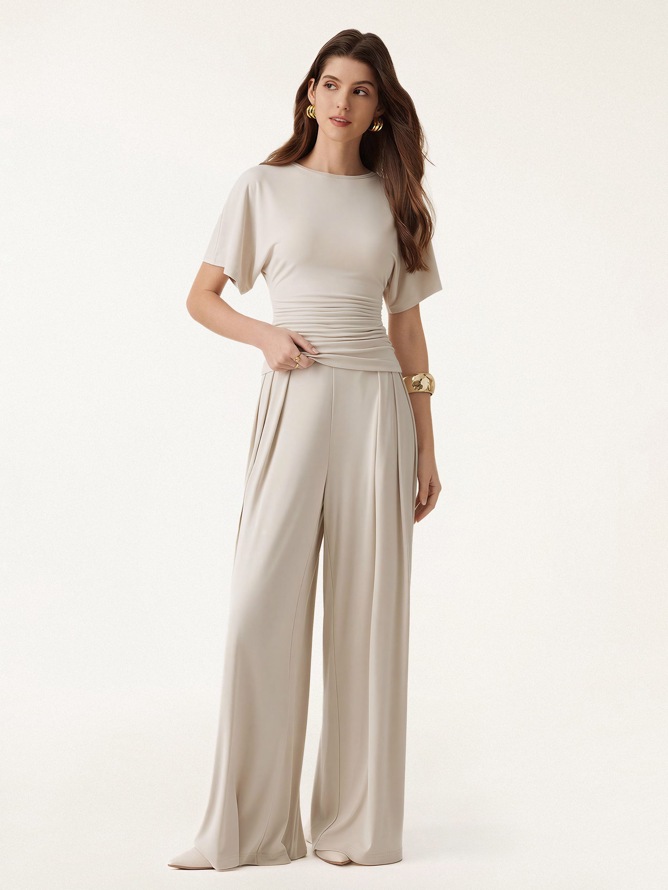 2Pcs Set Boatneck Batwing Sleeve Top & Wide Leg Palazzo Pant with Pockets