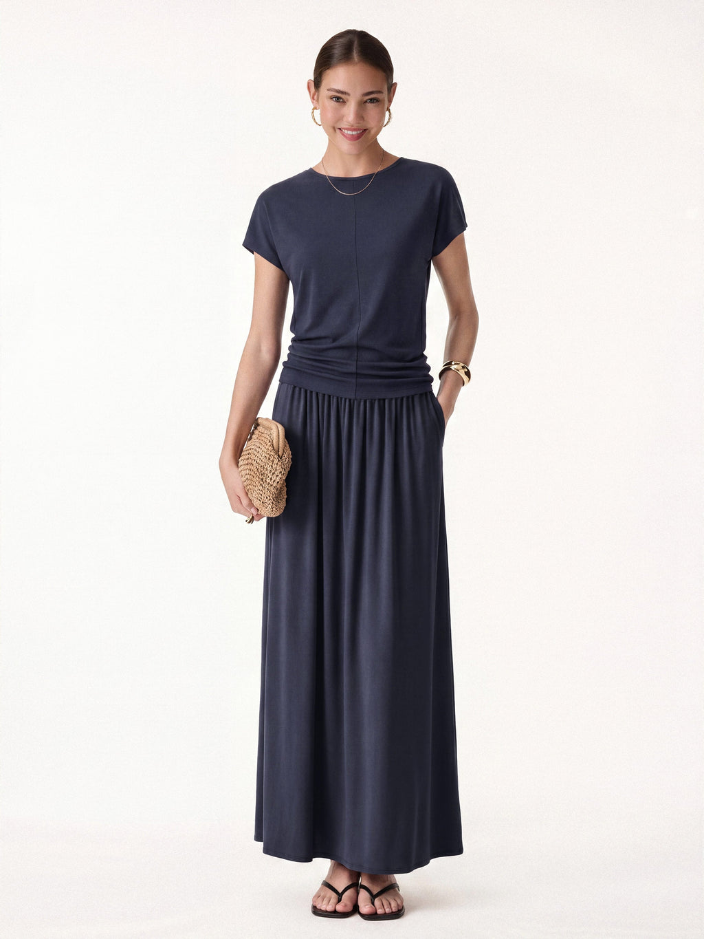 2Pcs Set Round Neck Top & A-Line Maxi Skirt with Pockets
