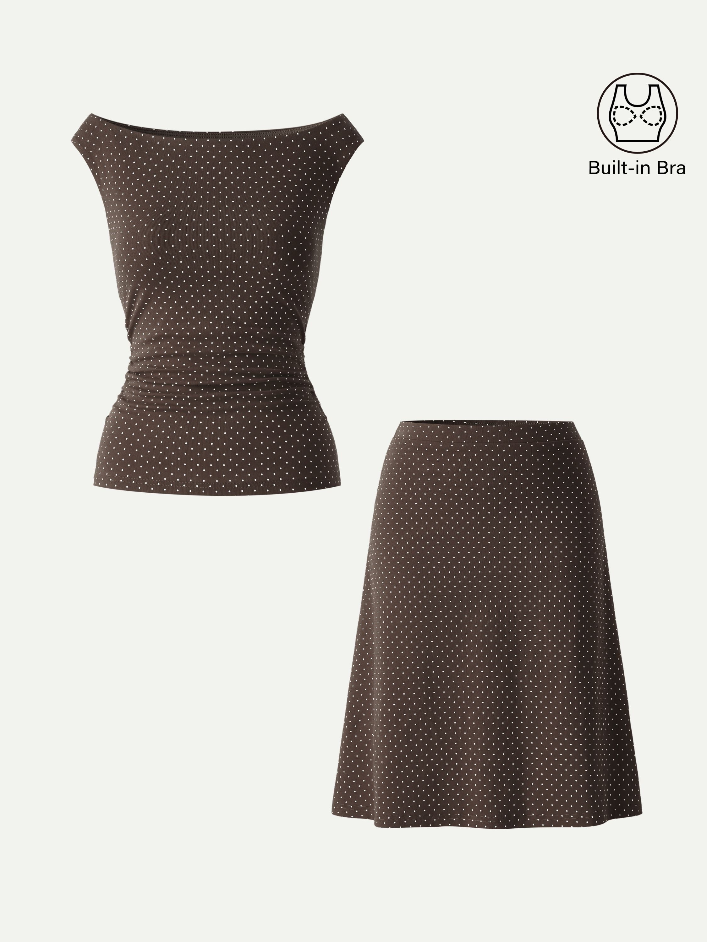 2Pcs Set Polka Dot Boatneck Bra Top & A-Line Flare Skirt Limited Edition