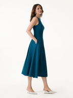Boatneck Pleated Fit-and-Flare Midi Bra Dress with Pockets