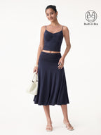 2Pcs Set Front Tucked Spaghetti Brami & A-line Midi Skirt