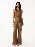 2Pcs Set Wrap Top with Self-Tie & Drawstring Wide Leg Pant with Pockets