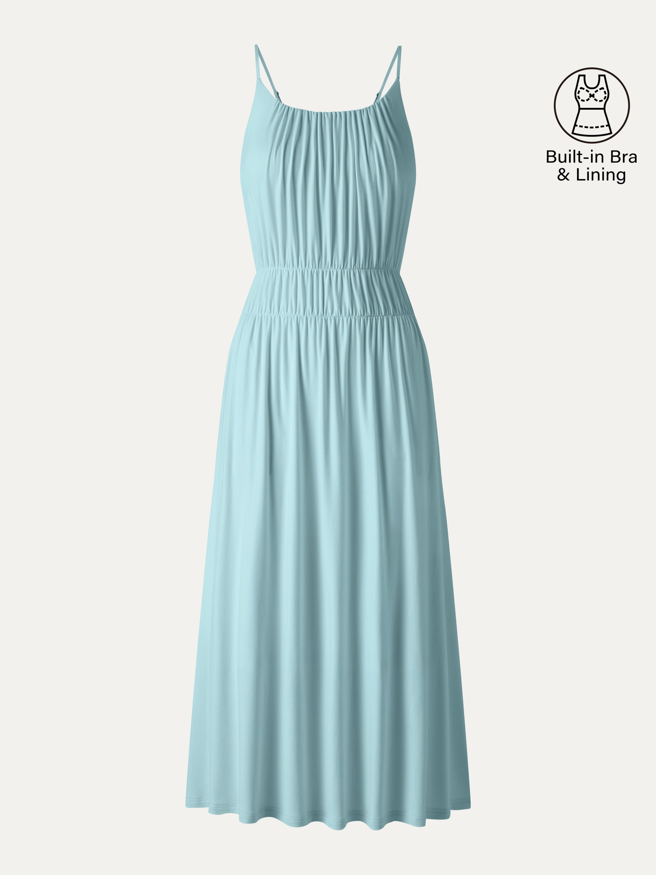 Vacay Gathered U-Neck Spaghetti Midi Bra Dress with Pockets