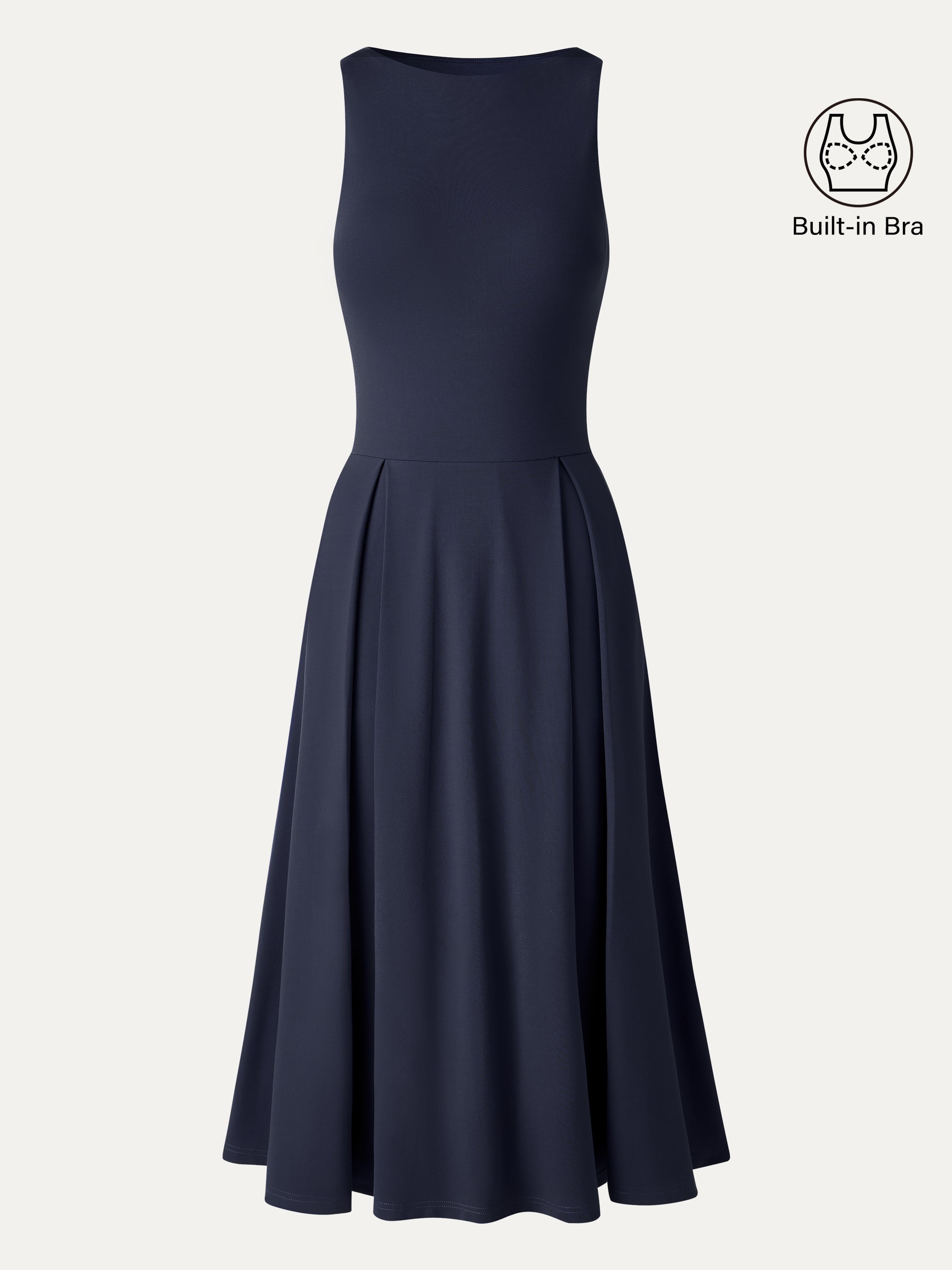 Boatneck Pleated Fit-and-Flare Midi Bra Dress with Pockets