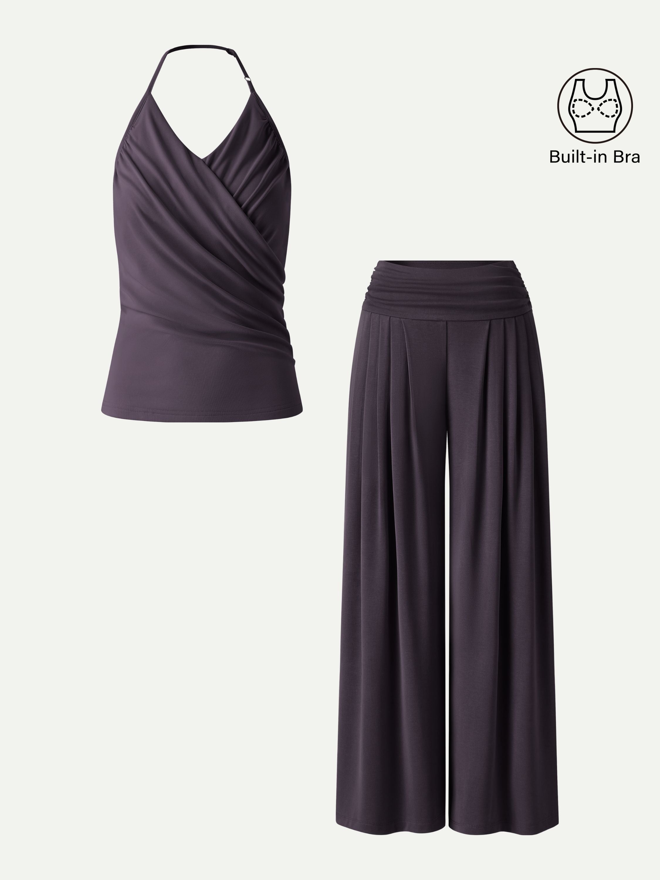 2Pcs Set Halter Neck Surplice Bra Top & Tucked Palazzo Pant with Pockets