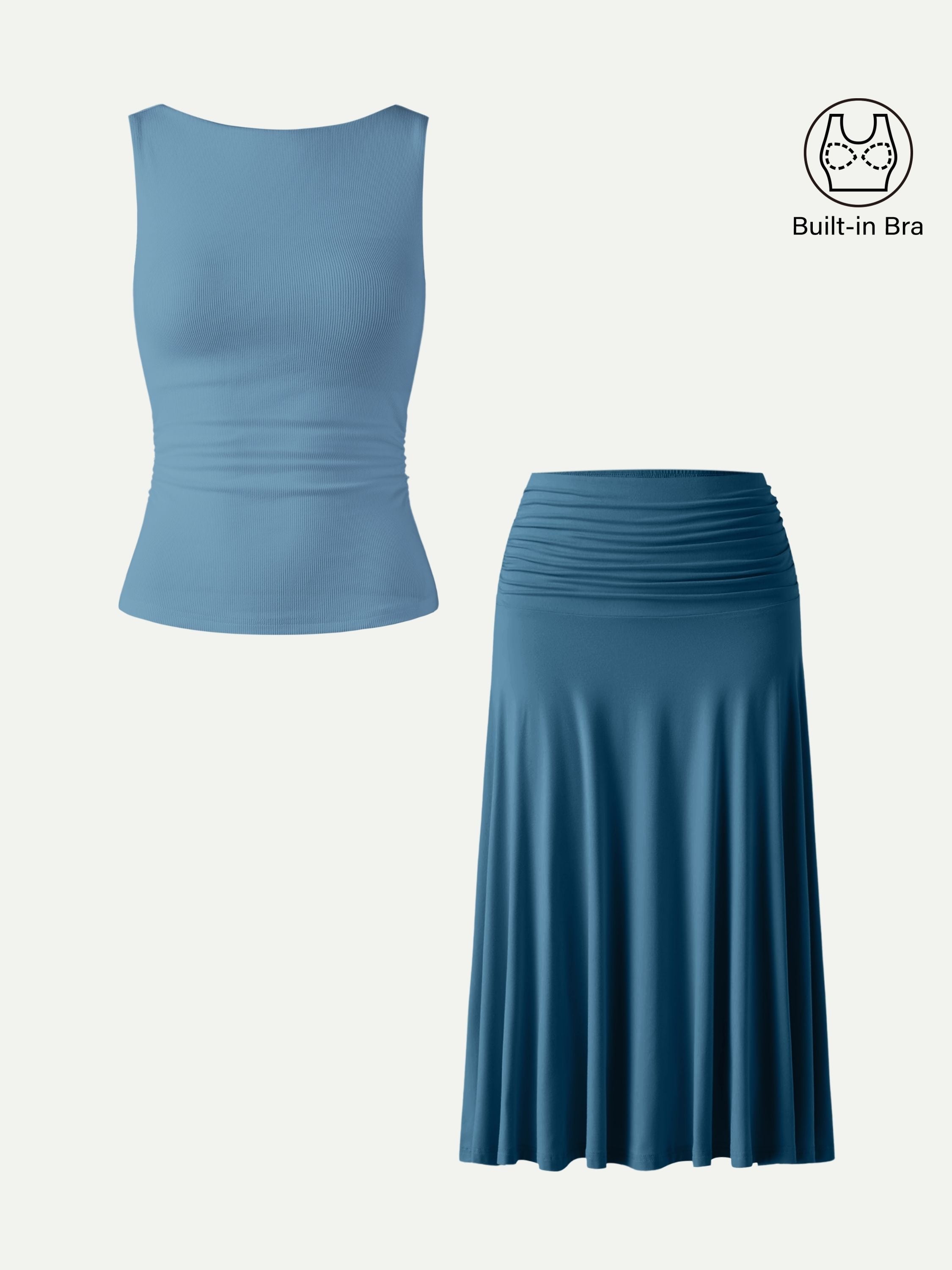 2Pcs Set Open Back Bra Tank & Side Ruched A-line Midi Skirt