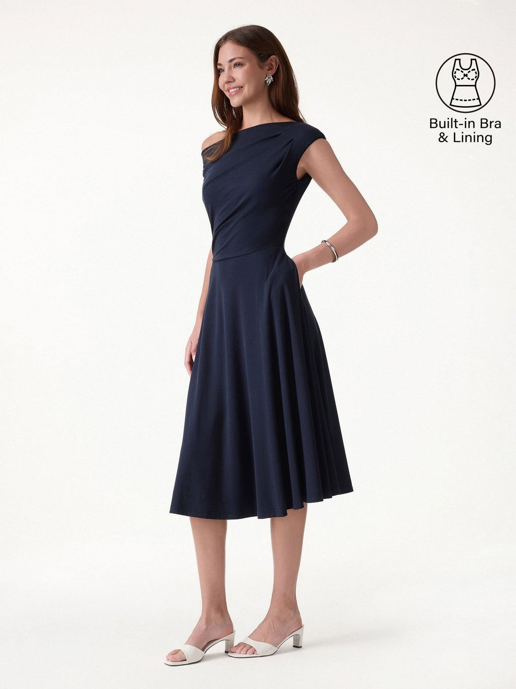 Asymmetrical Shoulder Tucked Midi Bra Dress with Pockets