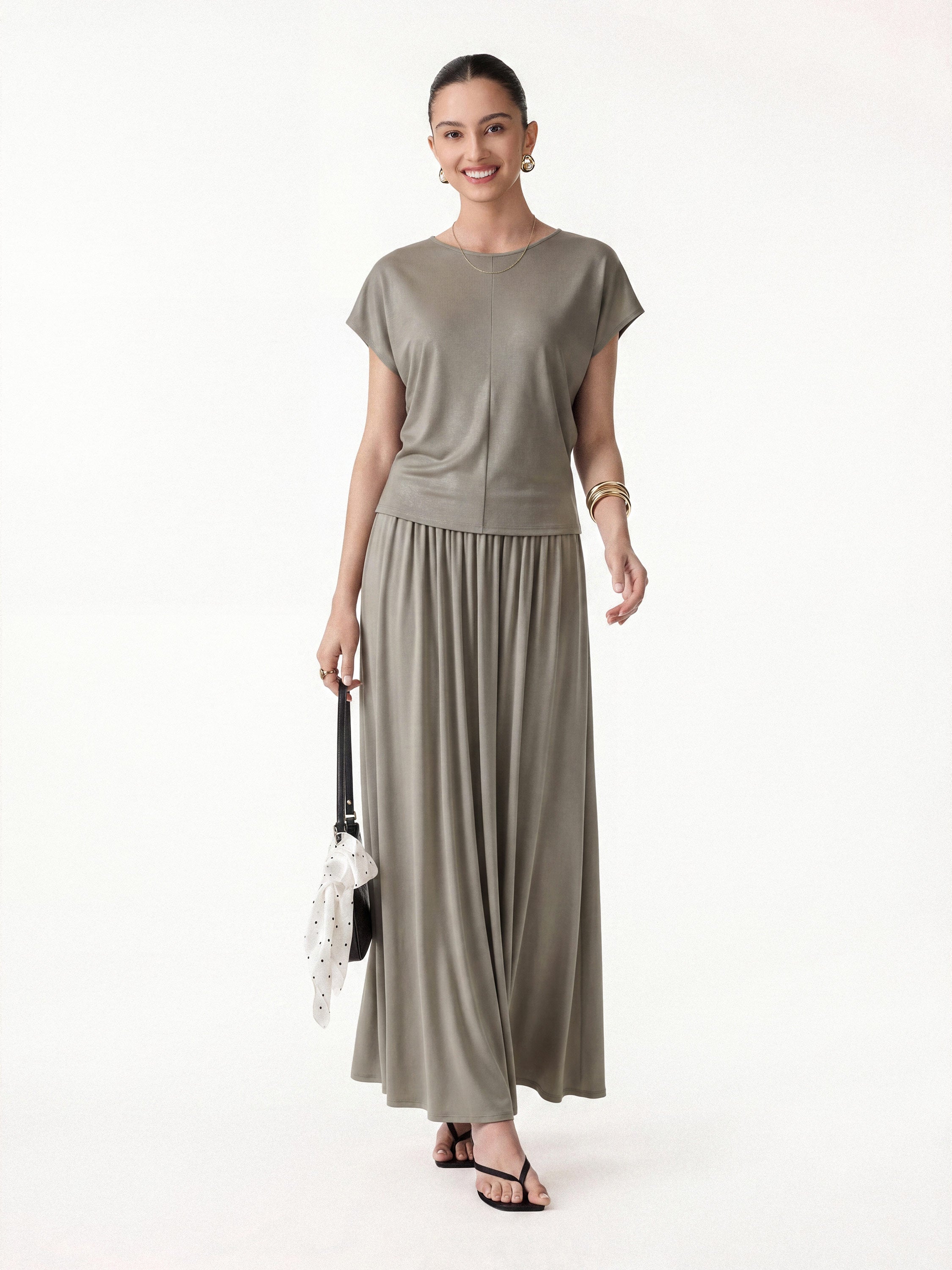2Pcs Set Round Neck Top & A-Line Maxi Skirt with Pockets