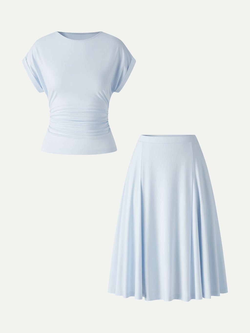 2Pcs Set Round Neck Tee & Midi Skirt with Pockets