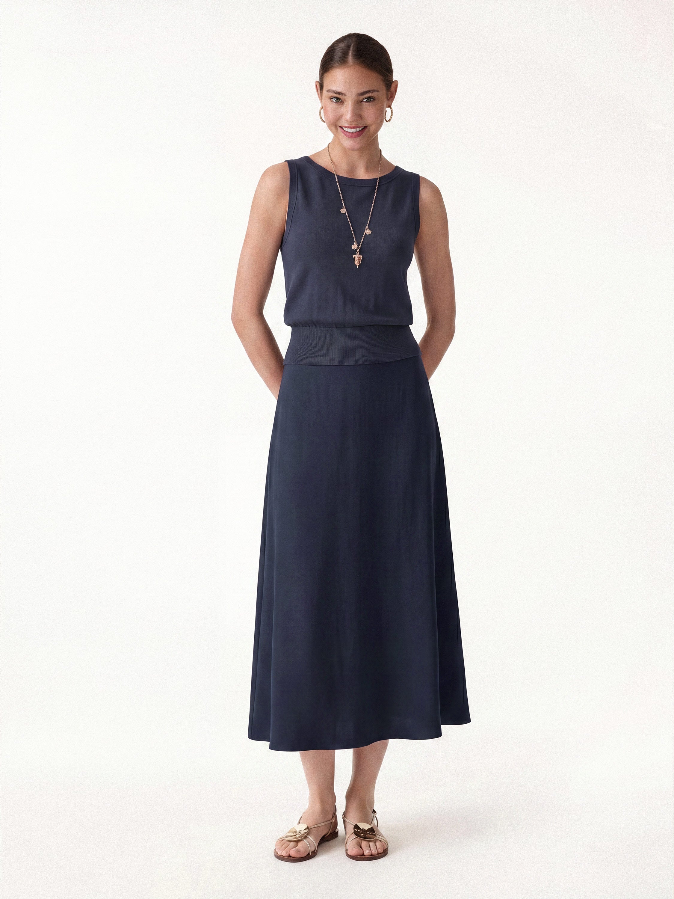 2Pcs Set Reversible Boatneck Top & Maxi Flared Pull-On Skirt
