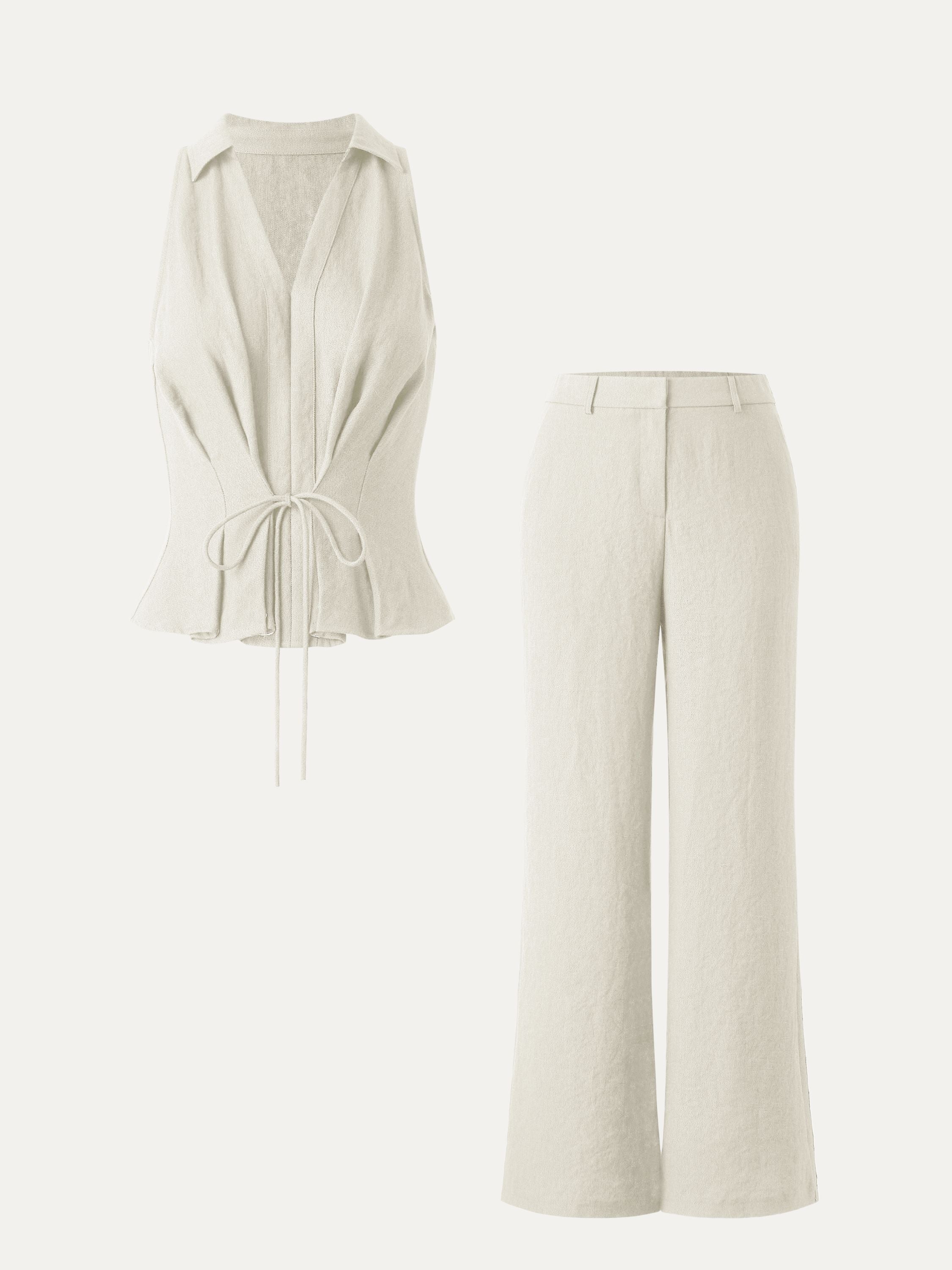 2Pcs Set Collared V-neck Sleeveless Top & Mid Rise Flared Pant with Pockets