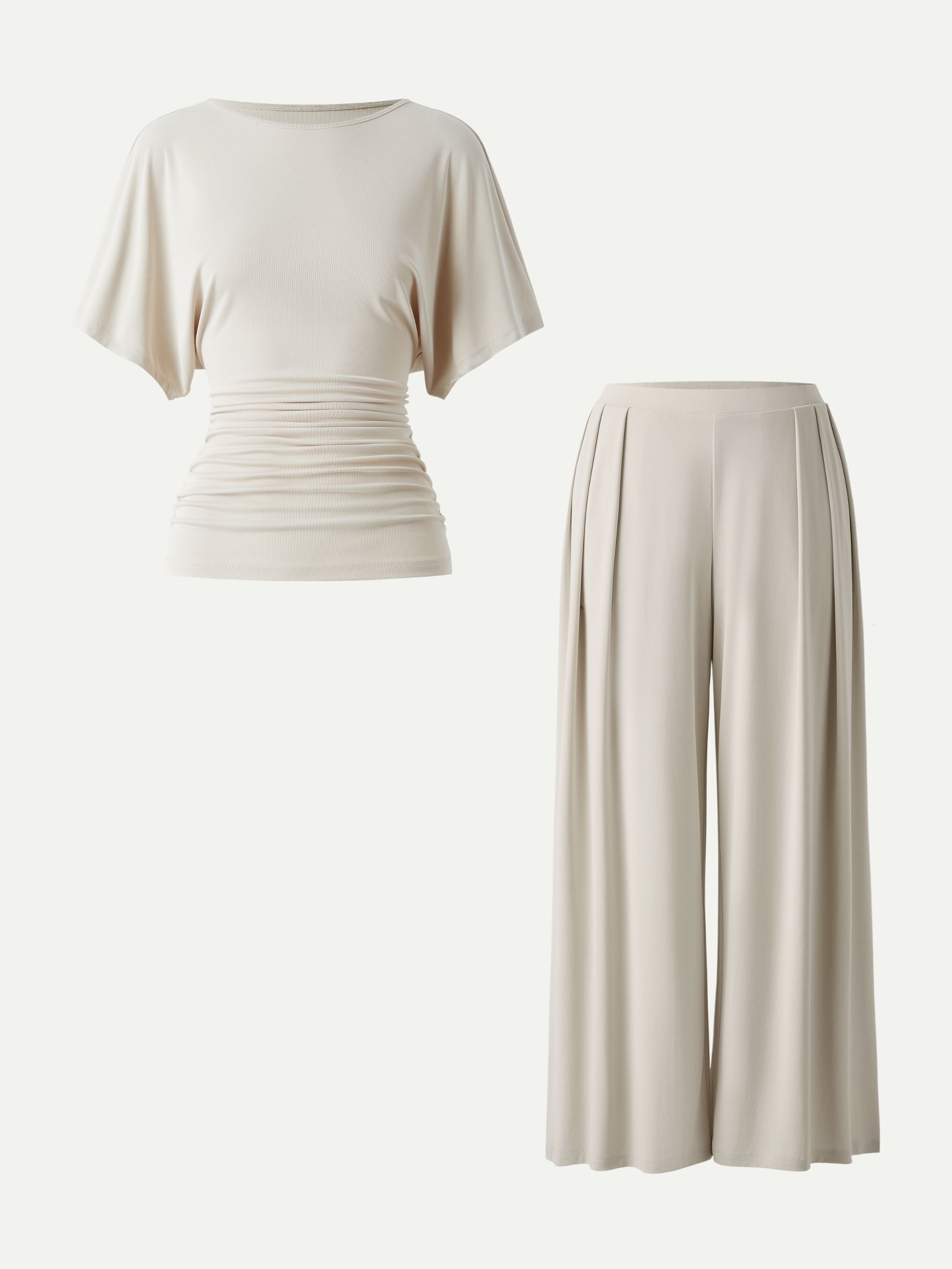 2Pcs Set Boatneck Batwing Sleeve Top & Wide Leg Palazzo Pant with Pockets