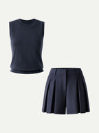 2Pcs Set Crew Neck Top & High Rise A-Line Pleated Shorts