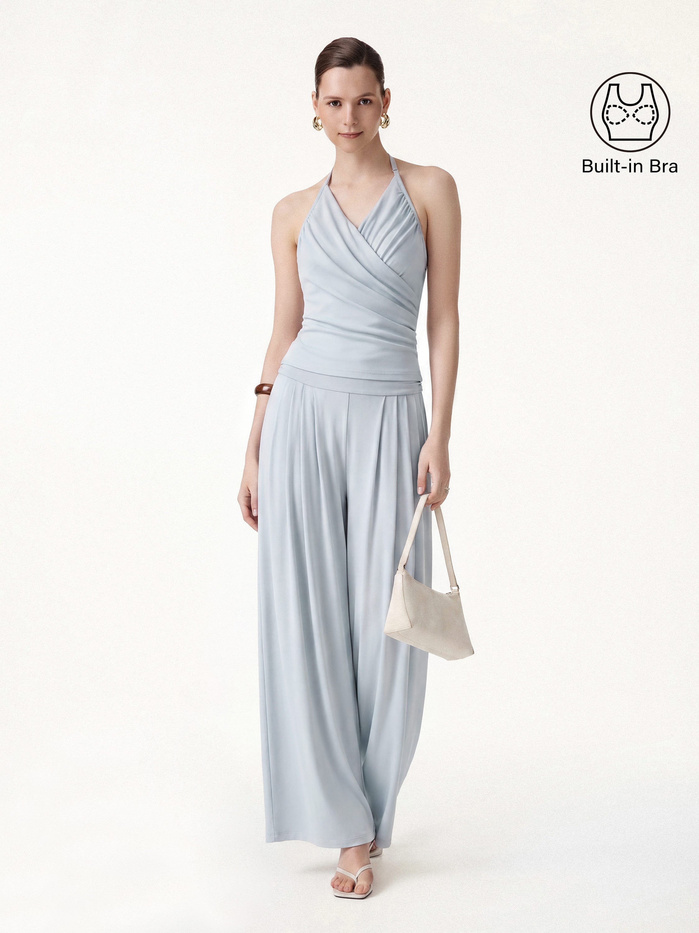 2Pcs Set Halter Neck Surplice Bra Top & Tucked Palazzo Pant with Pockets