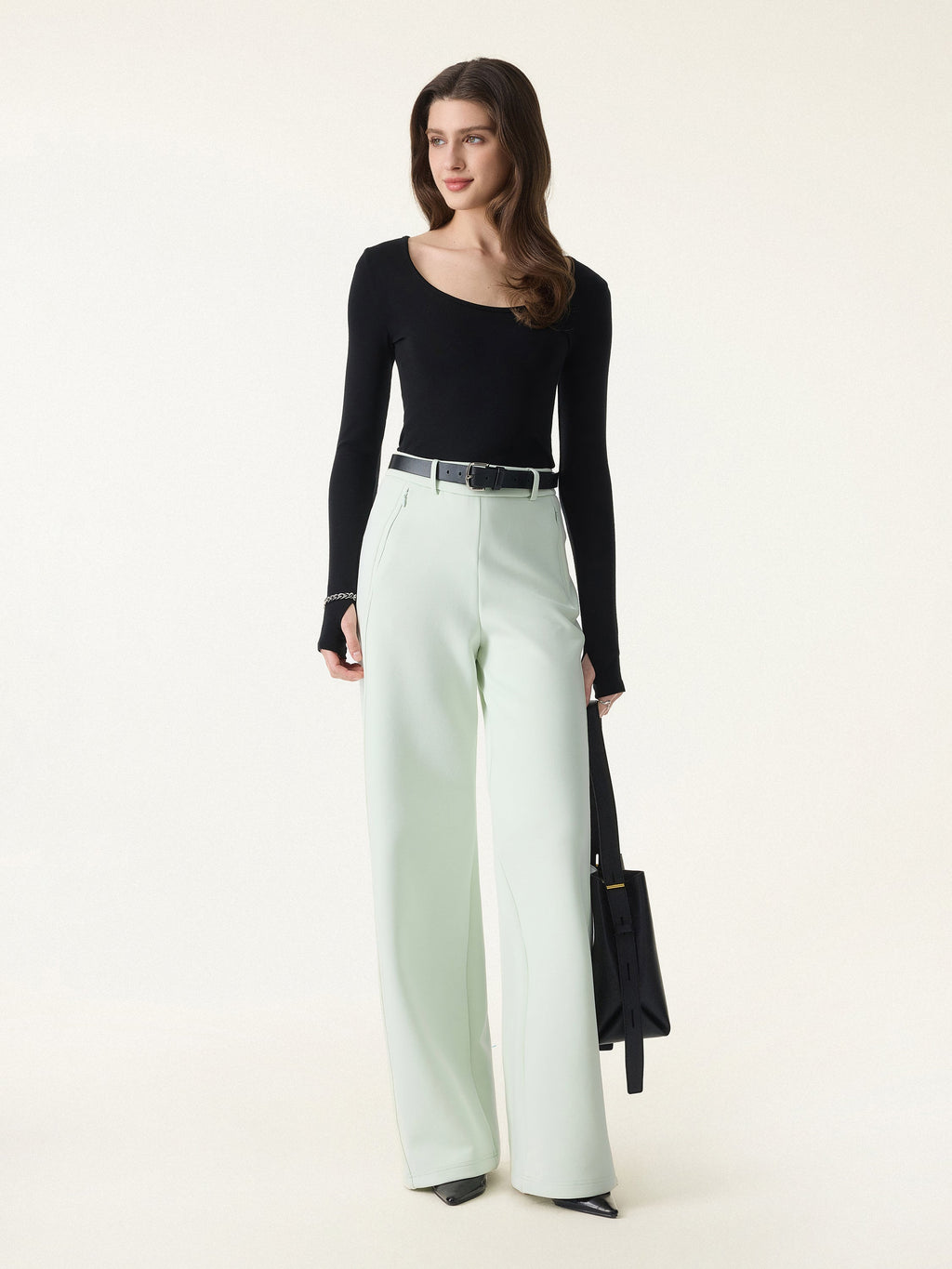 Stretch Cotton Blend Slimming High Rise Wide Leg Pant