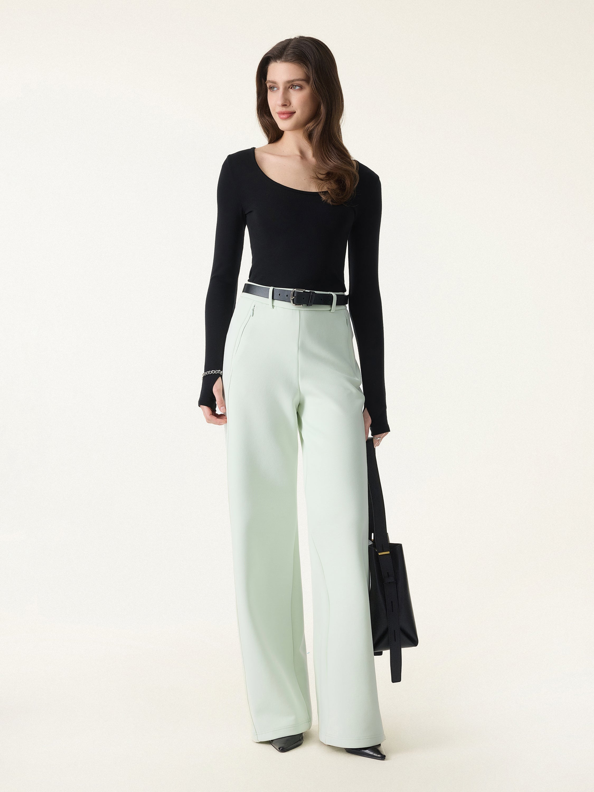 Stretch Cotton Blend Slimming High Rise Wide Leg Pant