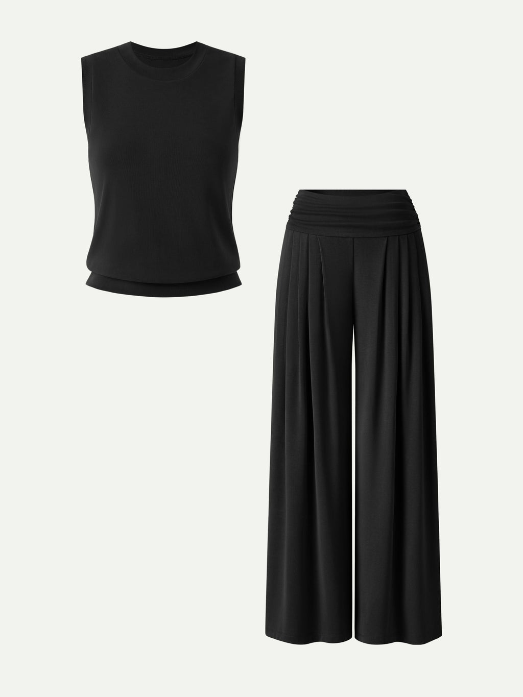 2Pcs Set Crew Neck Top & Flowy Tucked Palazzo Pant with Pockets