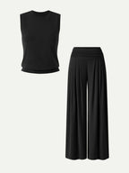 2Pcs Set Crew Neck Top & Flowy Tucked Palazzo Pant with Pockets