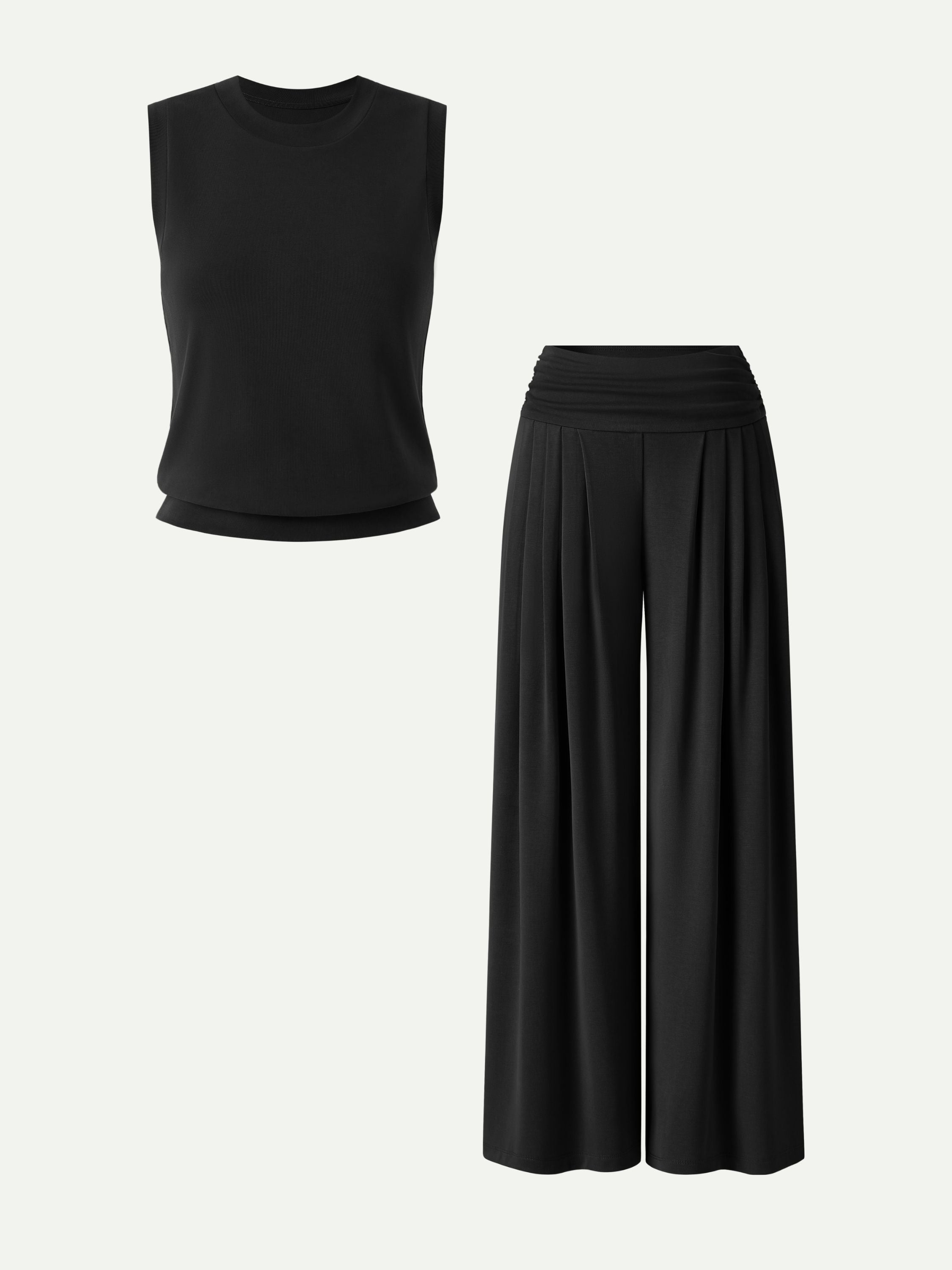 2Pcs Set Crew Neck Top & Flowy Tucked Palazzo Pant with Pockets