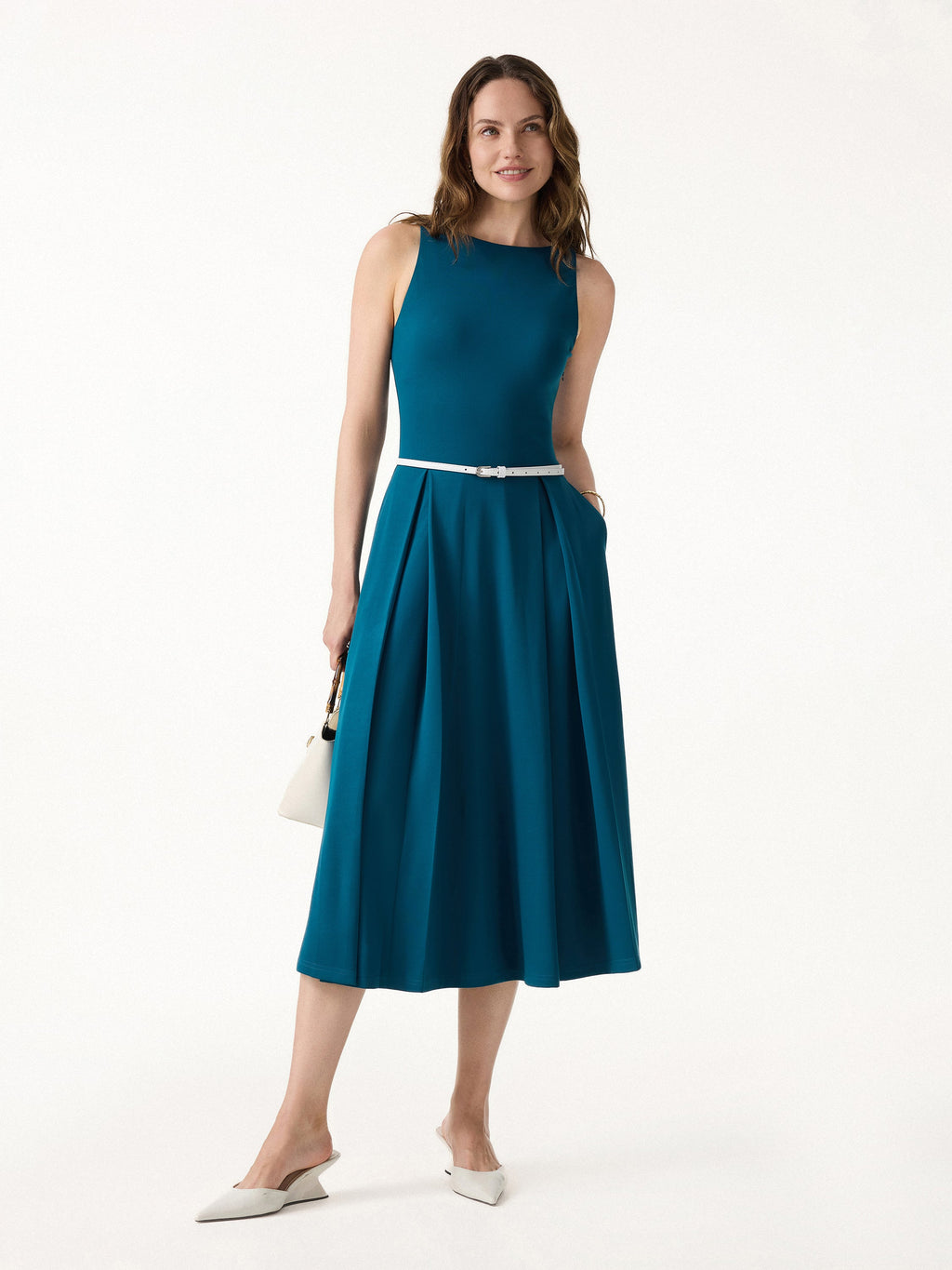Boatneck Pleated Fit-and-Flare Midi Bra Dress with Pockets