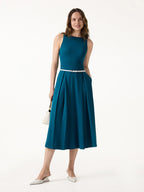 Boatneck Pleated Fit-and-Flare Midi Bra Dress with Pockets