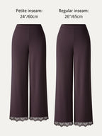 Lace Trim Draped Mid Rise Wide Leg Pants with Pockets