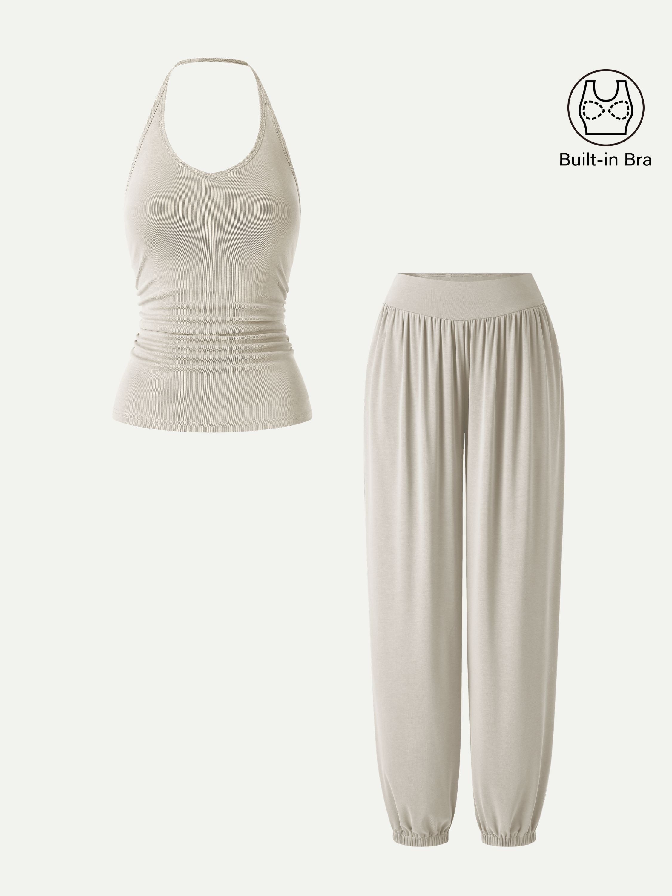 2Pcs Set Open Back Bra Top & Balloon Pants with Pockets