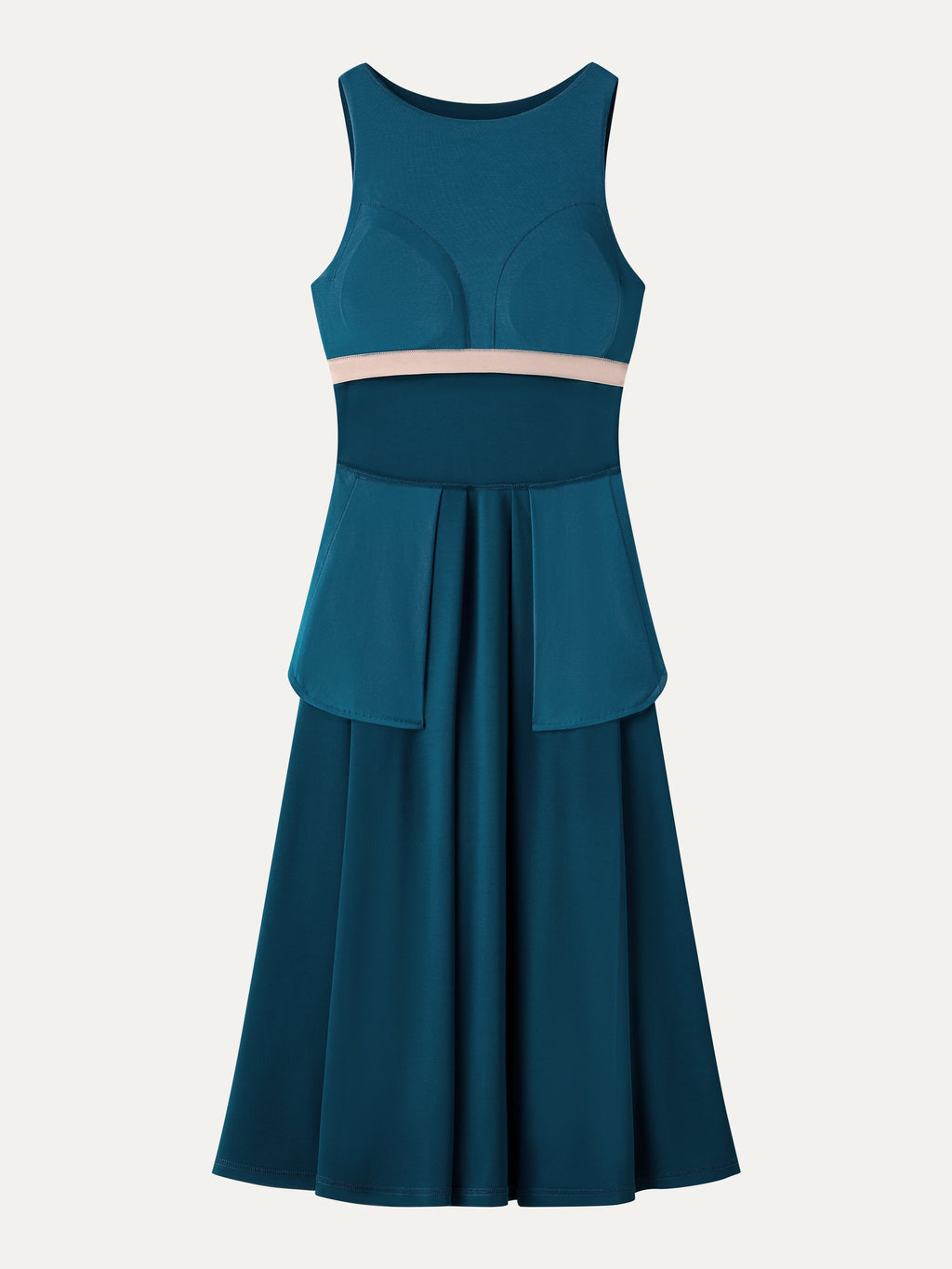 Boatneck Pleated Fit-and-Flare Midi Bra Dress with Pockets