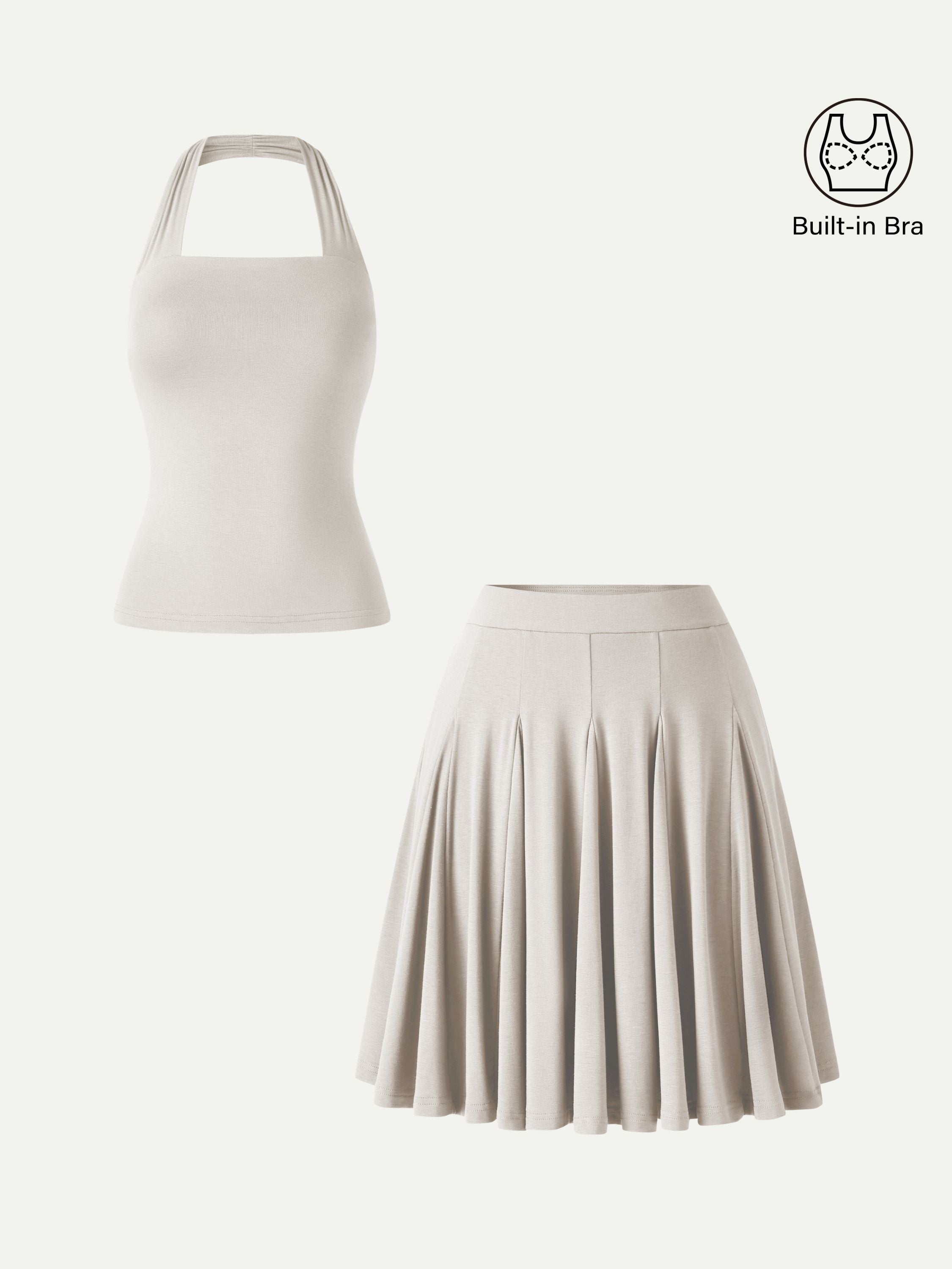 2Pcs Set Halter Going-Out Bra Top & Knee-Length Flare Skirt