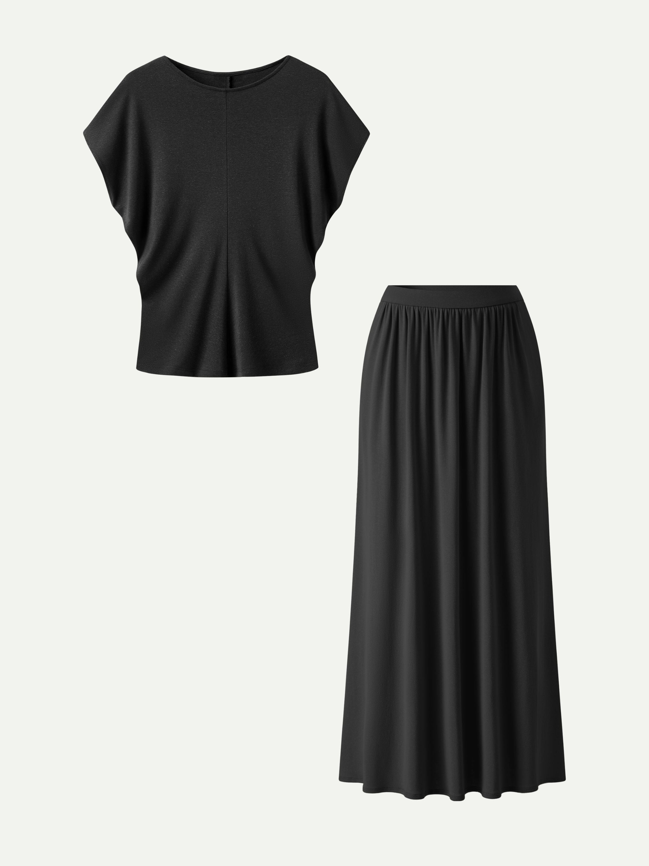 2Pcs Set Round Neck Top & A-Line Maxi Skirt with Pockets