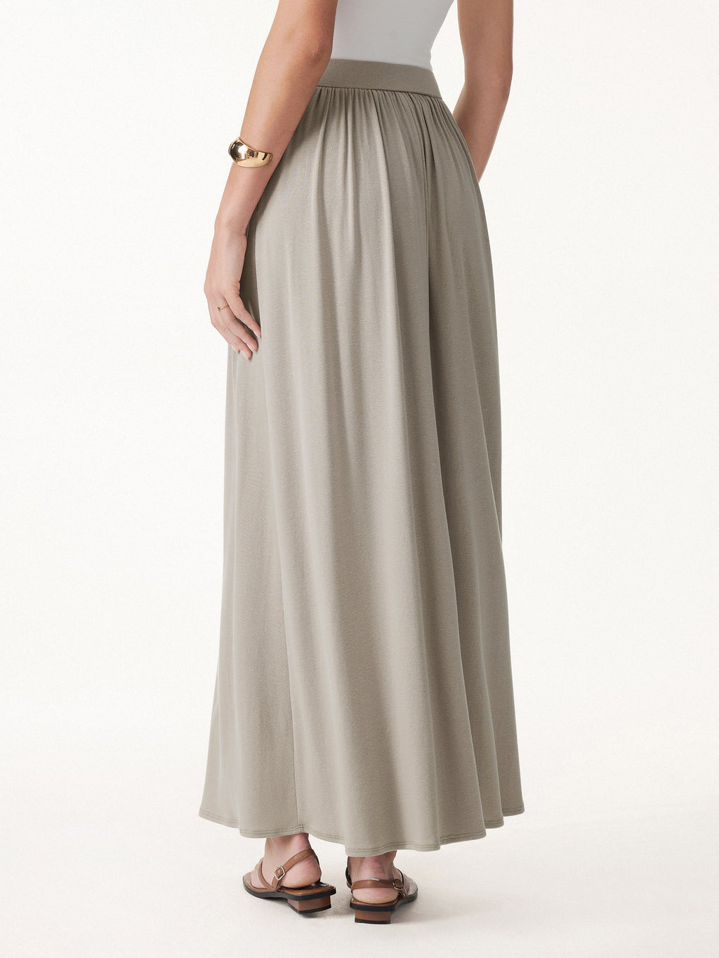Soft Linen Knit Gathered A-Line Maxi Skirt with Pockets