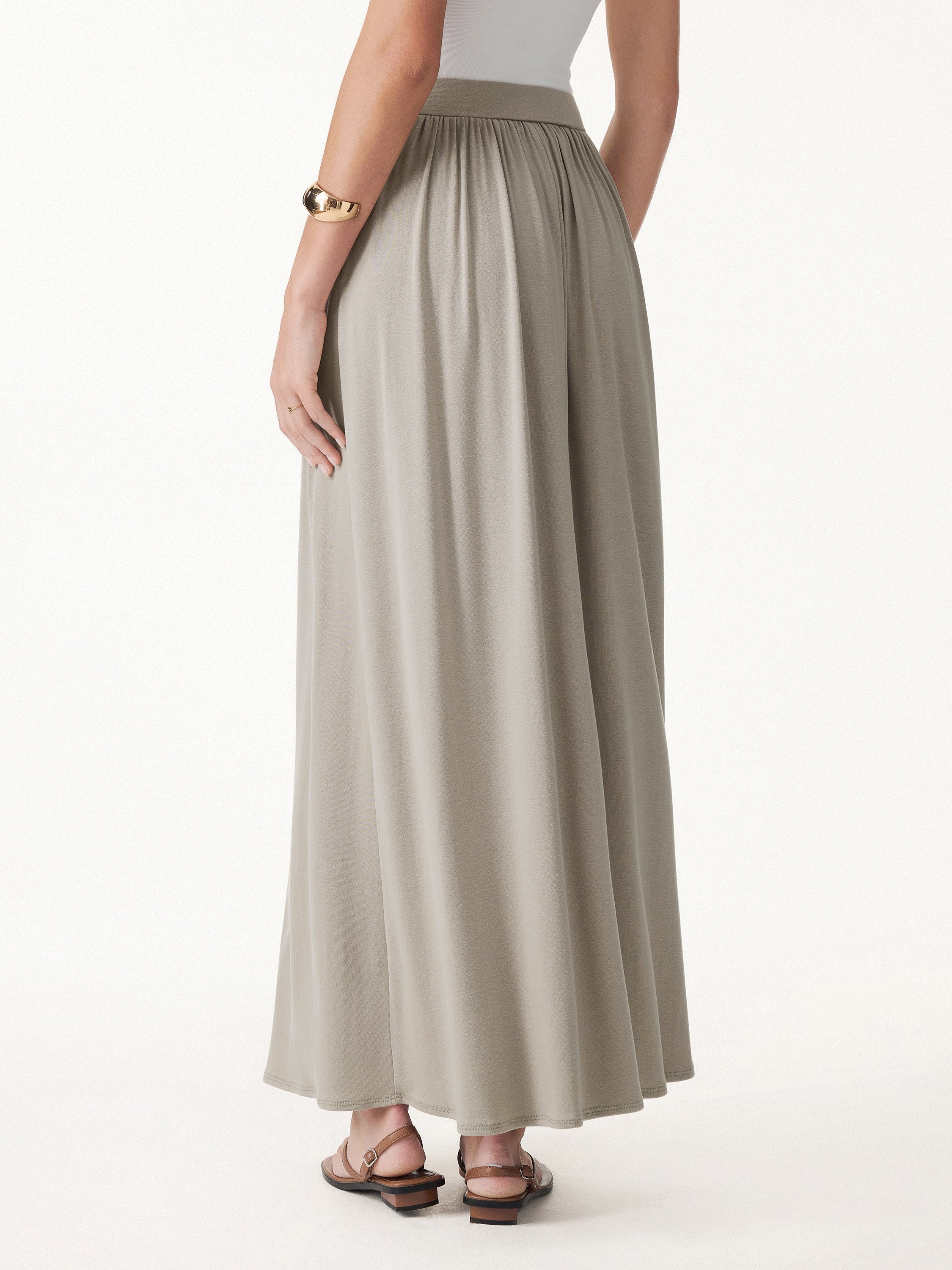 Soft Linen Knit Gathered A-Line Maxi Skirt with Pockets