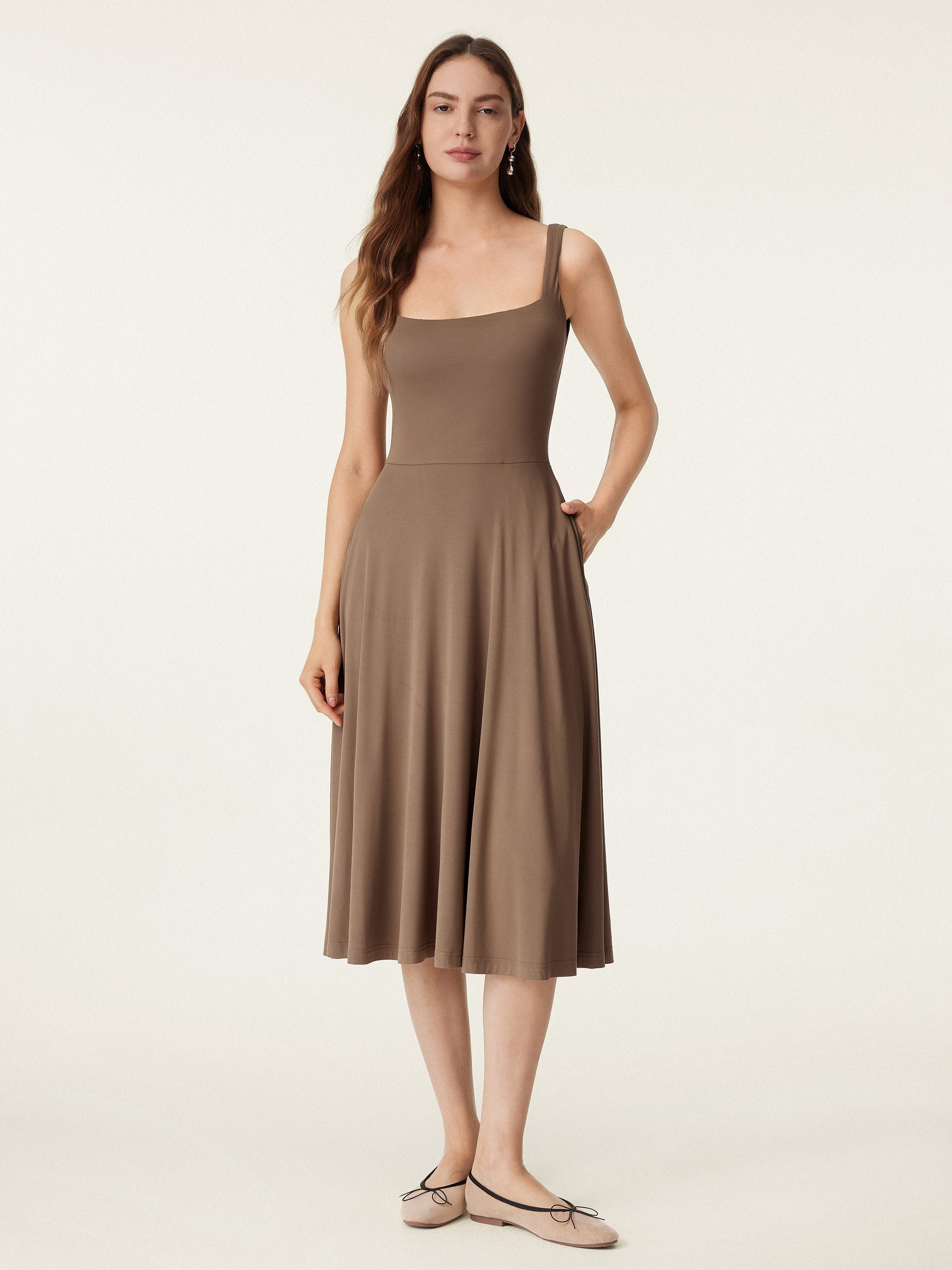 Square Neck Flowy New Airy Bra Midi Dress