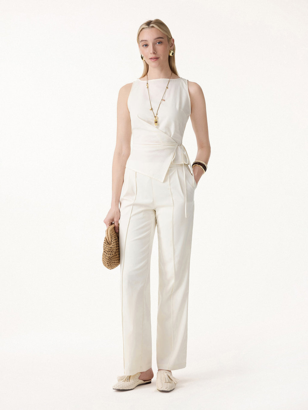 Lyocell-Linen Blend Boatneck Waist-Defined Top