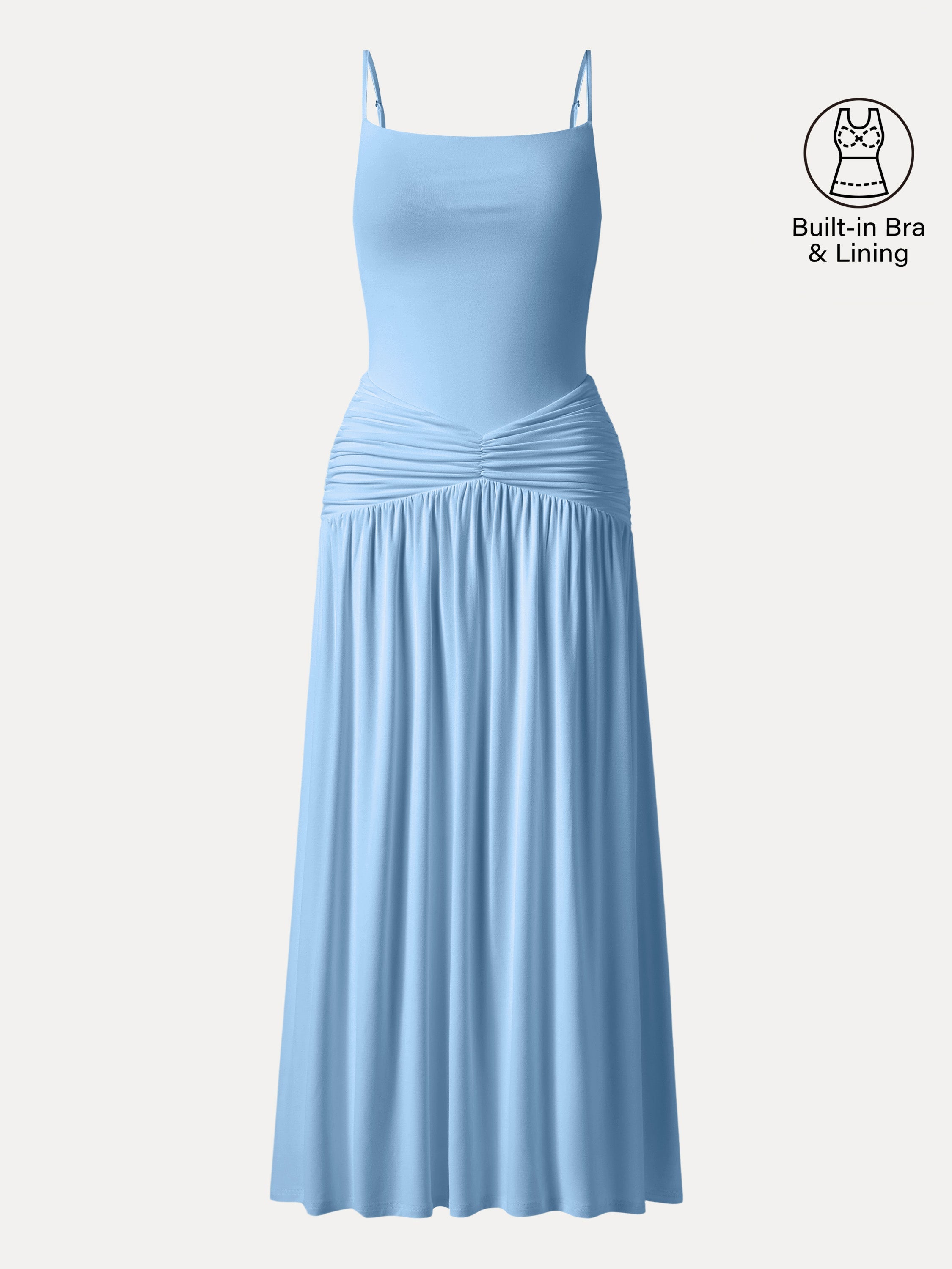Not-See-Thru Spaghetti Gathered Maxi Bra Dress