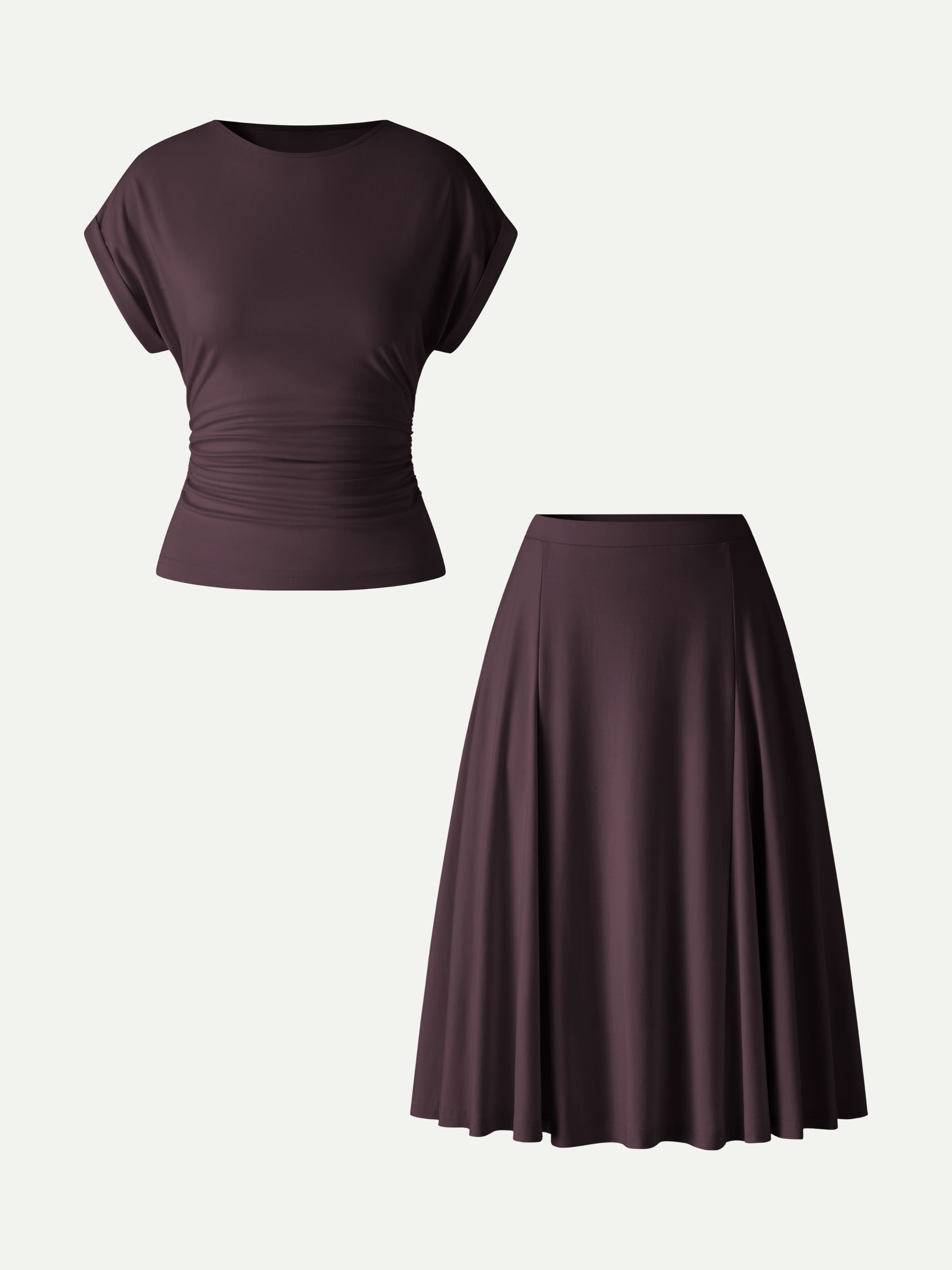 2Pcs Set Round Neck Tee & Midi Skirt with Pockets