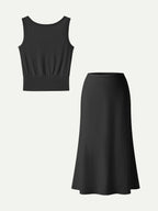 2Pcs Set Reversible Boatneck Top & Maxi Flared Pull-On Skirt