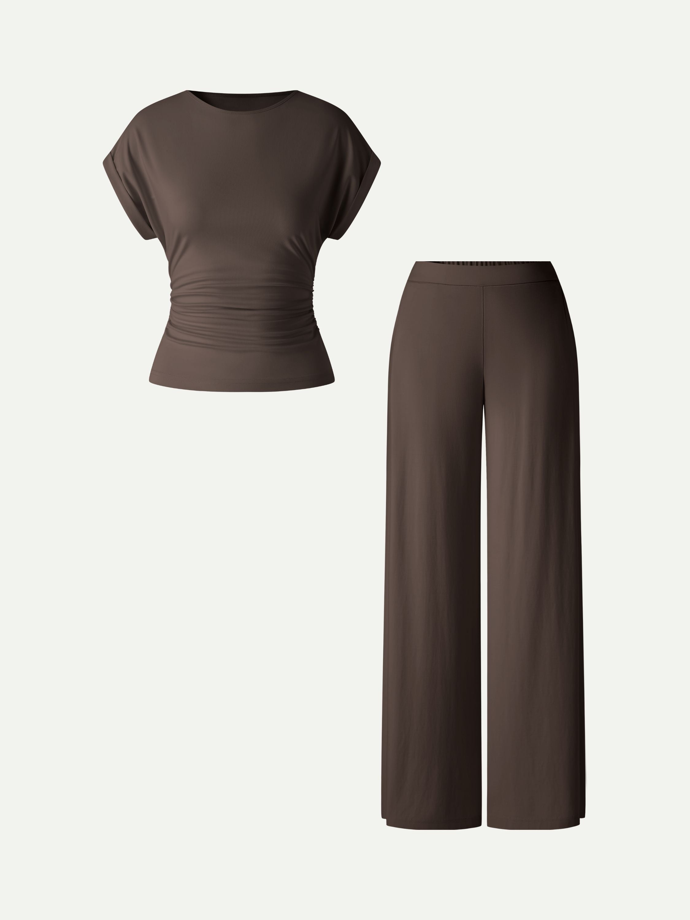 2Pcs Set Round Neck Ruched Tee & Mid Rise Wide Leg Pants