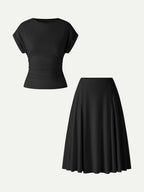 2Pcs Set Round Neck Tee & Midi Skirt with Pockets
