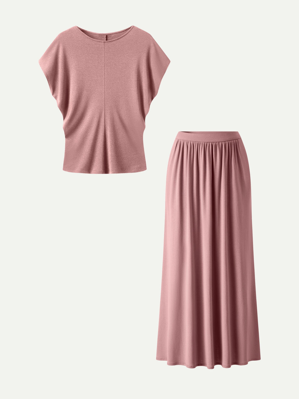 2Pcs Set Round Neck Top & A-Line Maxi Skirt with Pockets