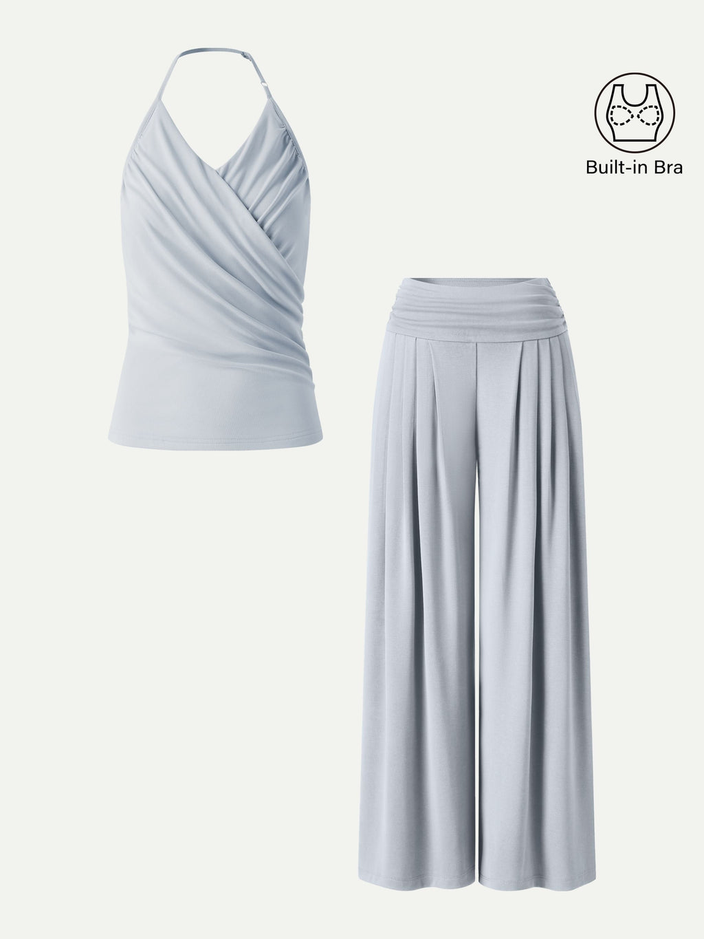 2Pcs Set Halter Neck Surplice Bra Top & Tucked Palazzo Pant with Pockets