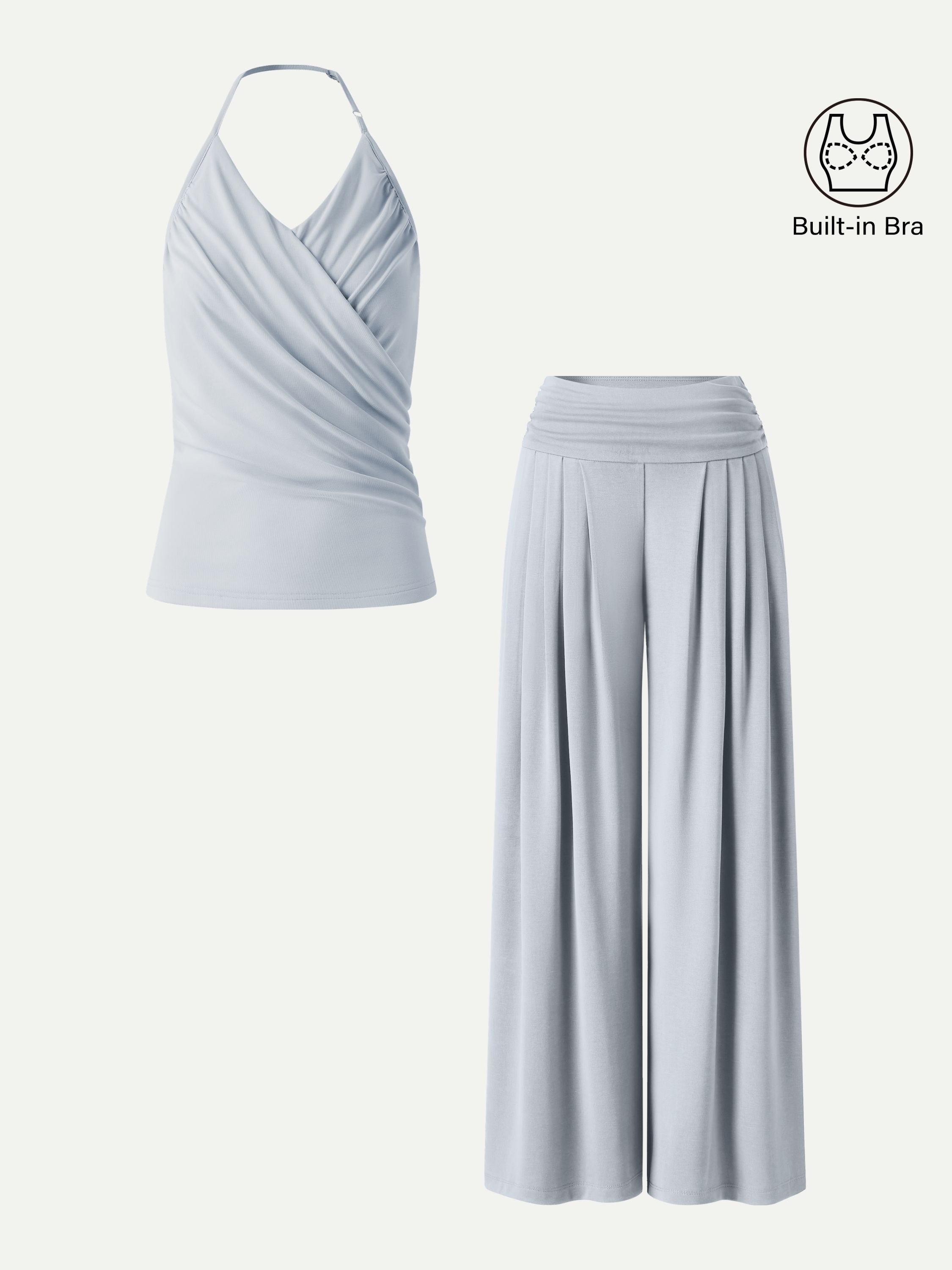 2Pcs Set Halter Neck Surplice Bra Top & Tucked Palazzo Pant with Pockets