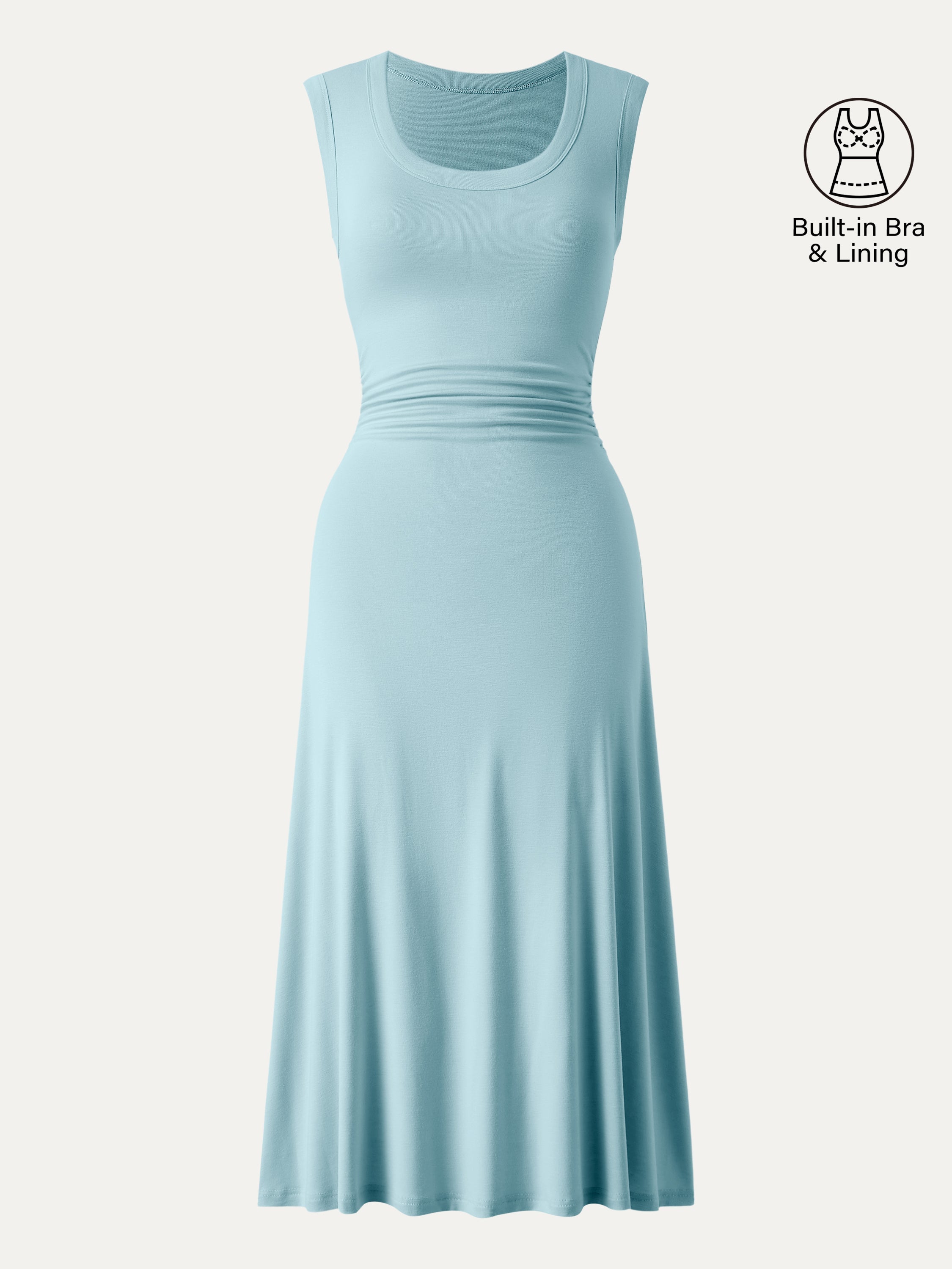 Scoop Neck Side Ruched New Airy Bra Midi Dress
