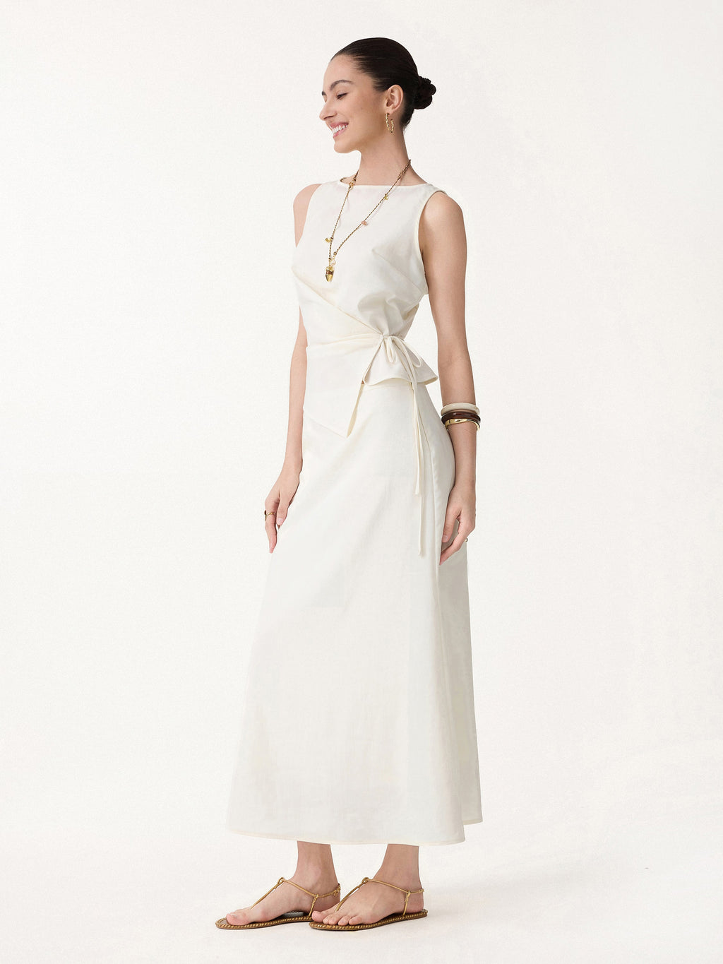 2Pcs Set Boatneck Waist-Defined Top & Maxi Flared Pull-On Skirt