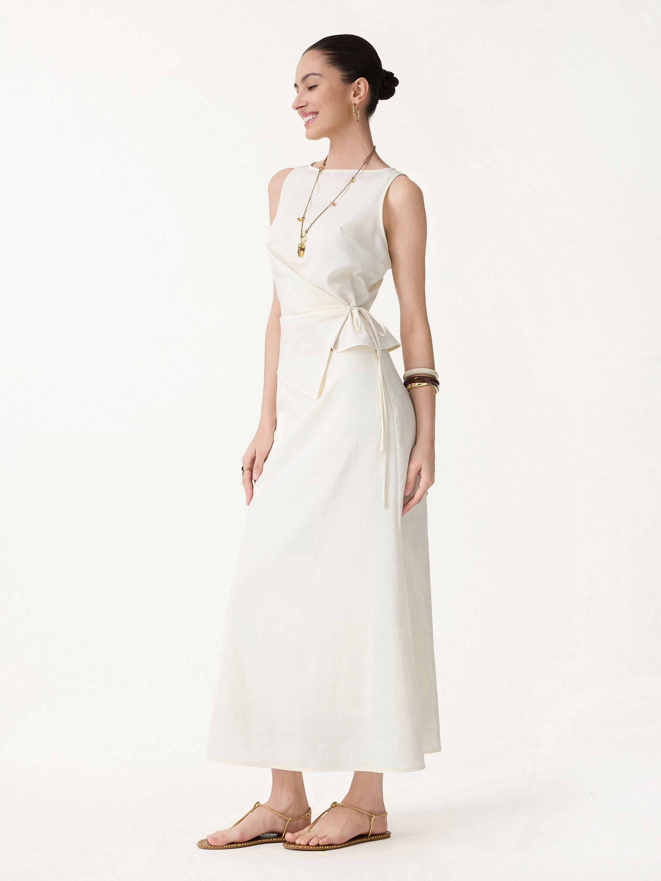 2Pcs Set Boatneck Waist-Defined Top & Maxi Flared Pull-On Skirt