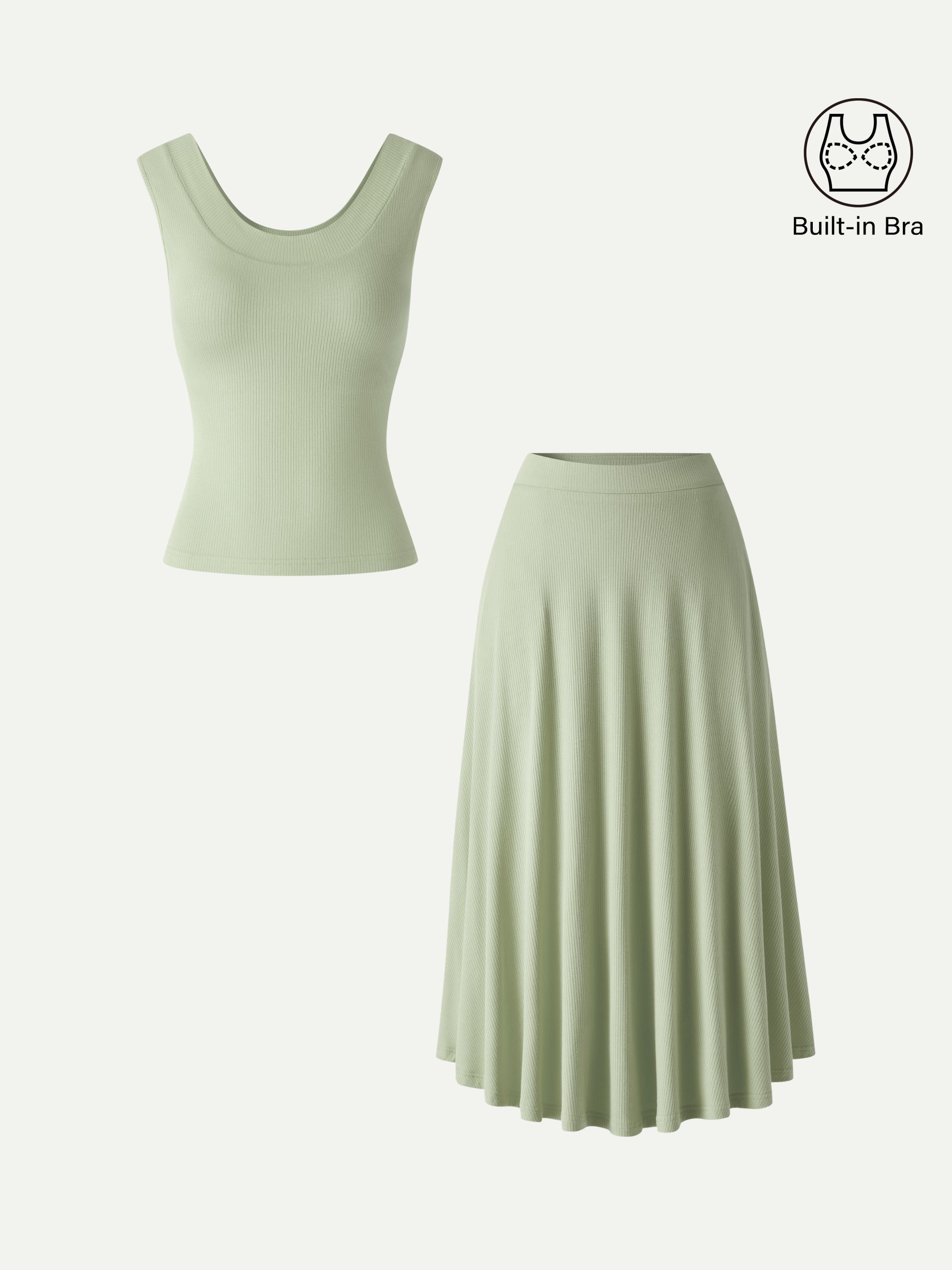 2Pcs Set U-Neck Bra Tank & Midi Skirt with Pockets