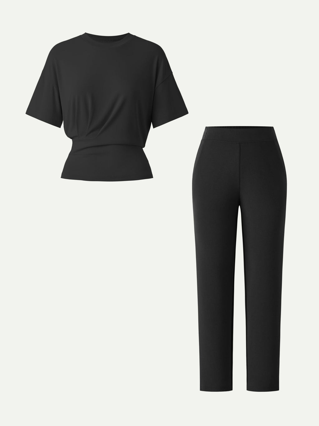 2Pcs Set Crewneck Tucked Tee & Mid Rise Tapered Pant with Pockets